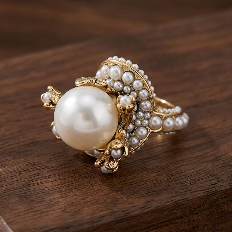 Aoaome Vintage Gold Floral Pearl Statement Rings