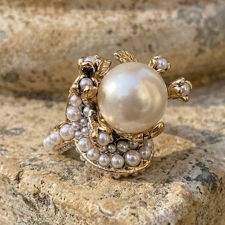 Aoaome Vintage Gold Floral Pearl Statement Rings