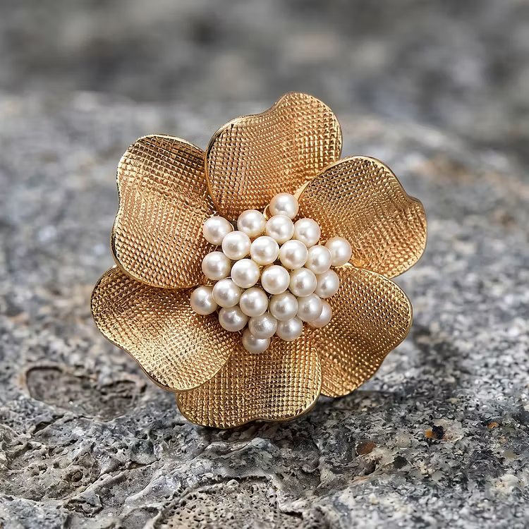 Aoaome Vintage Gold Flower Pearl Rings