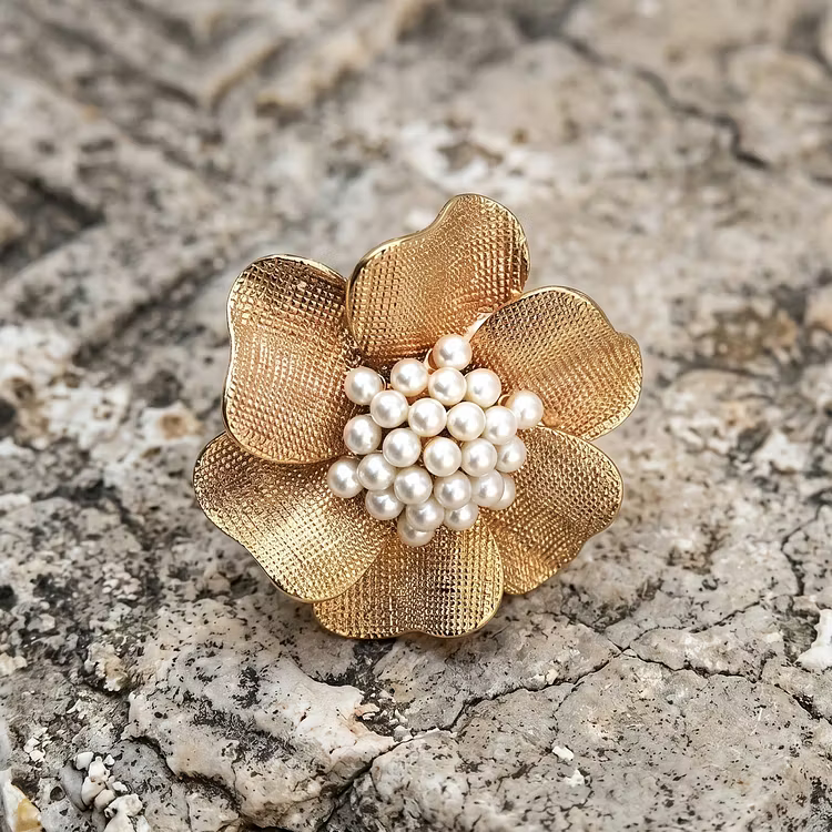 Aoaome Vintage Gold Flower Pearl Rings