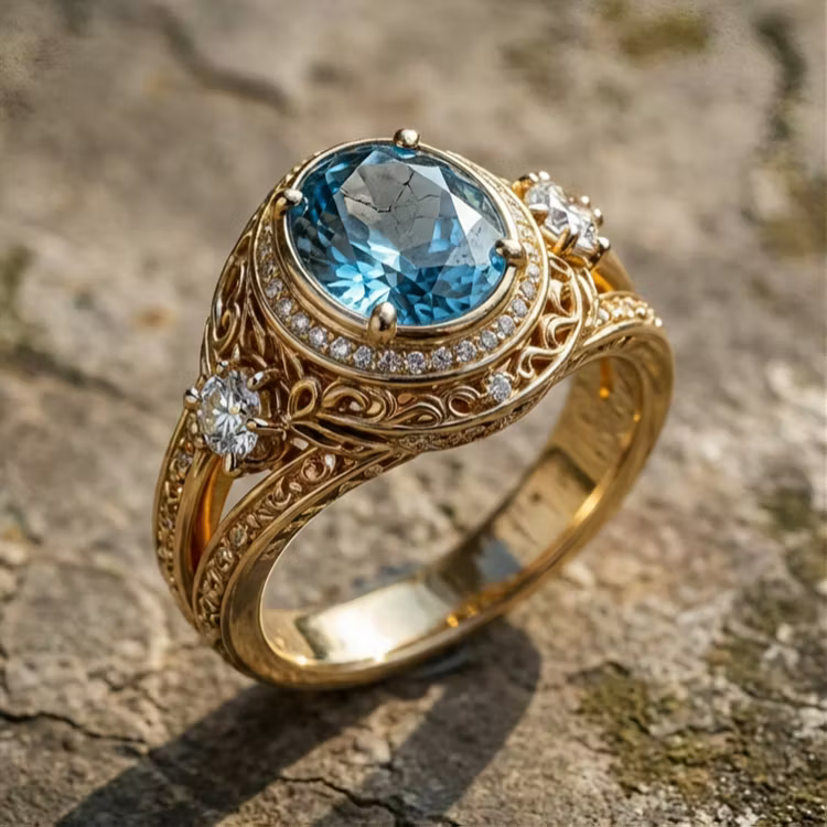 Aoaome Vintage Gold Inlaid Sapphire Rings