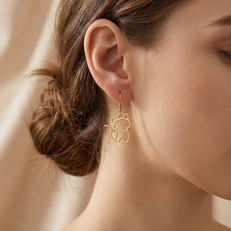 Aoaome Vintage Gold Plated Hollow Cat Outline Drop Earrings