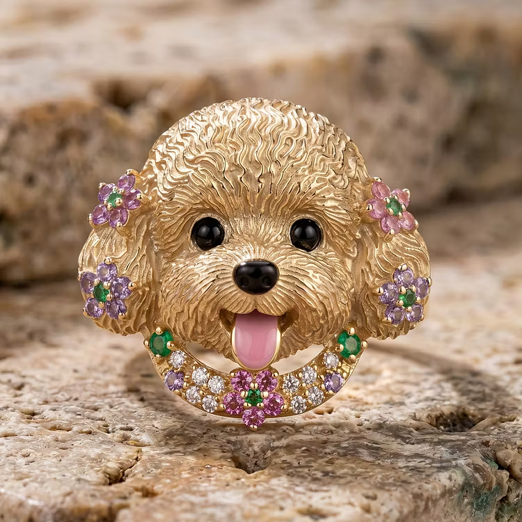 Aoaome Vintage Gold Poodle Dog with Multi-Gemstone Flowers Rings