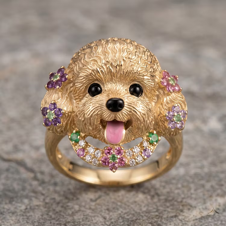 Aoaome Vintage Gold Poodle Dog with Multi-Gemstone Flowers Rings