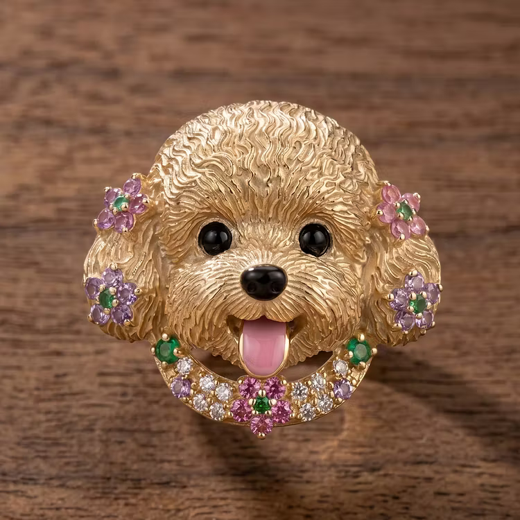 Aoaome Vintage Gold Poodle Dog with Multi-Gemstone Flowers Rings