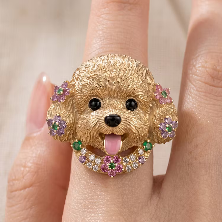Aoaome Vintage Gold Poodle Dog with Multi-Gemstone Flowers Rings