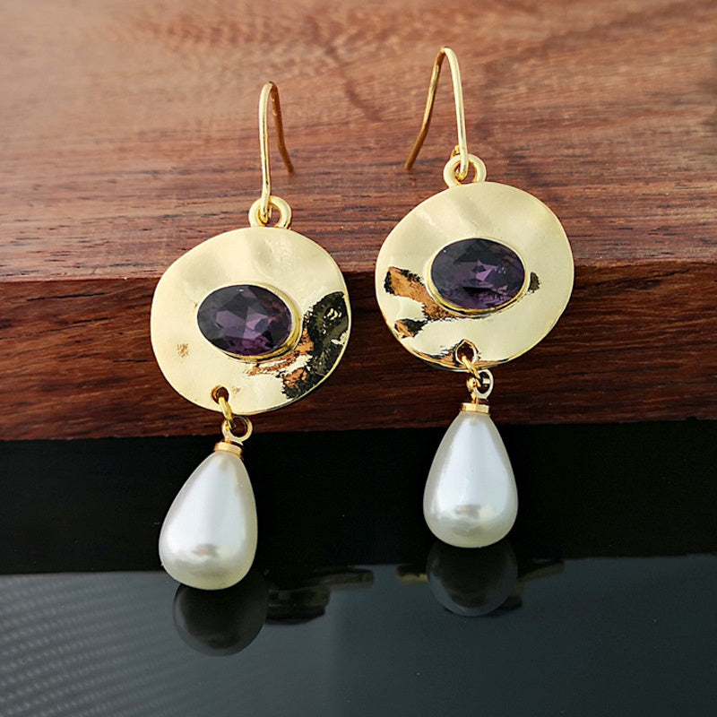Aoaome Vintage Golden Purple Zirconia Pearl Earrings