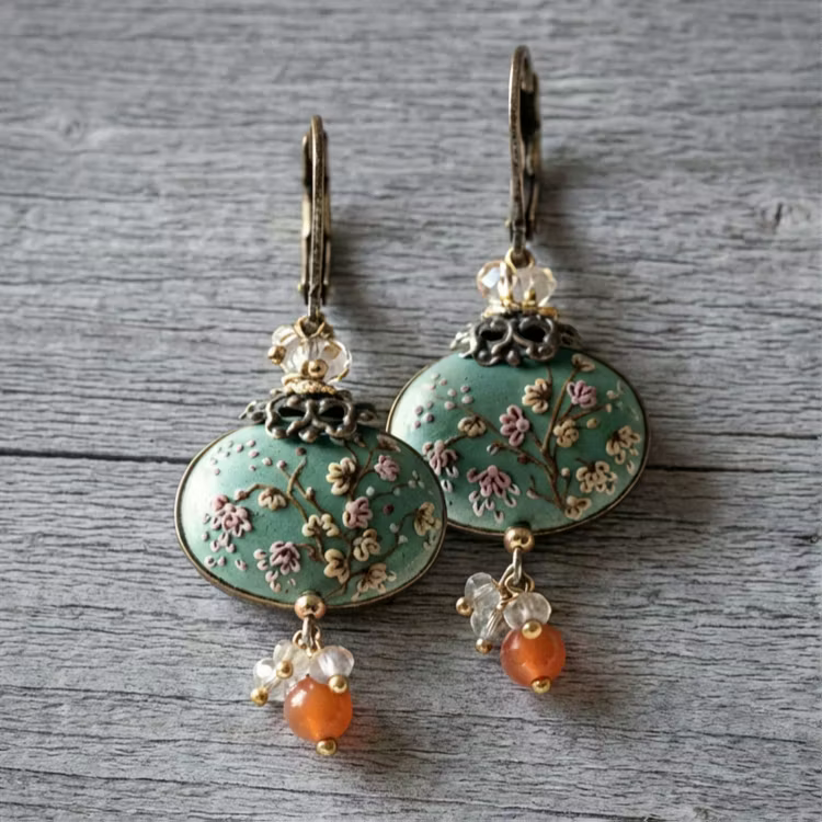 Aoaome Vintage Green Stone Plum Blossom Branch Earrings