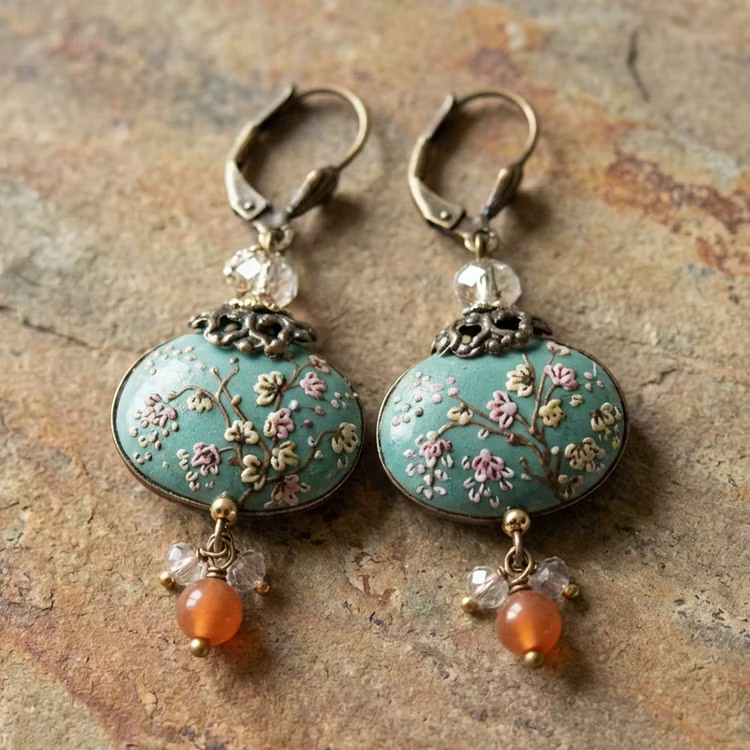 Aoaome Vintage Green Stone Plum Blossom Branch Earrings