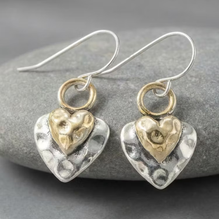 Aoaome Vintage Hammered Two-Tone Heart Drop Earrings