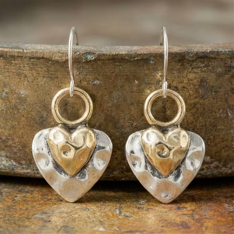 Aoaome Vintage Hammered Two-Tone Heart Drop Earrings