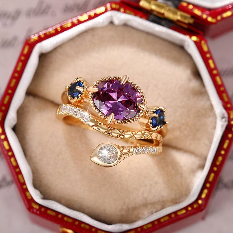 Aoaome Vintage Inlaid Purple Zircon Snake Shaped Rings