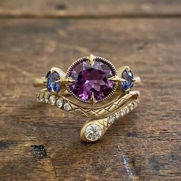 Aoaome Vintage Inlaid Purple Zircon Snake Shaped Rings