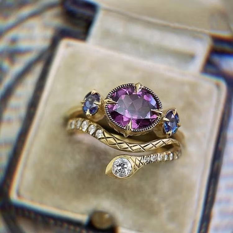Aoaome Vintage Inlaid Purple Zircon Snake Shaped Rings