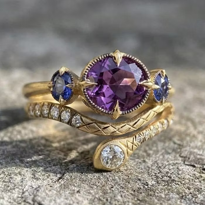 Aoaome Vintage Inlaid Purple Zircon Snake Shaped Rings