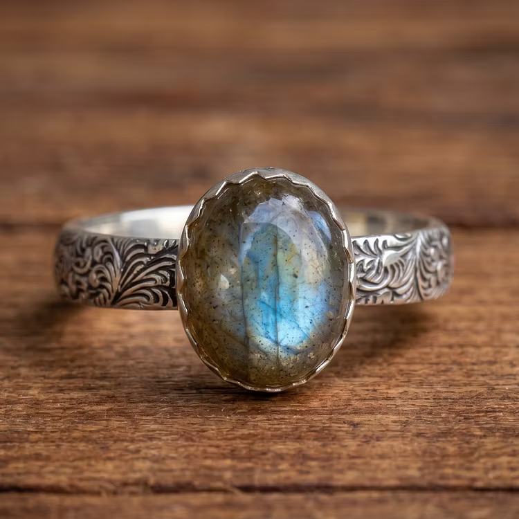 Aoaome Vintage Labradorite Engraved Silver Rings