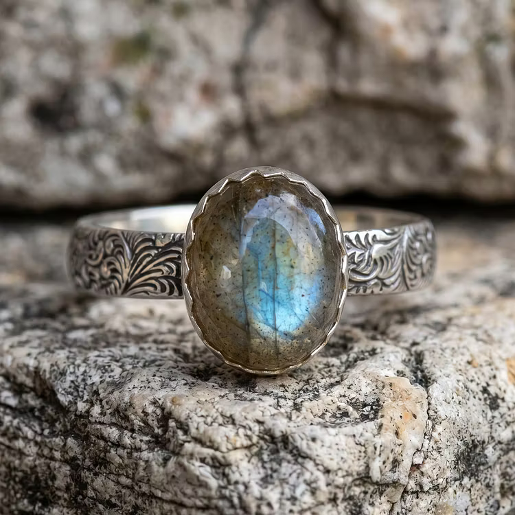 Aoaome Vintage Labradorite Engraved Silver Rings
