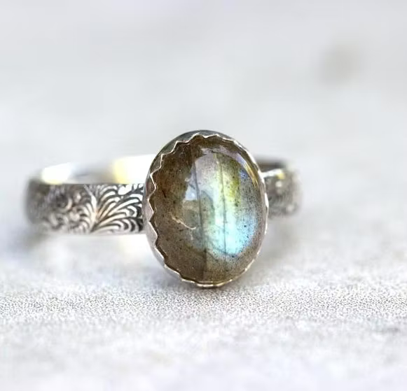 Aoaome Vintage Labradorite Engraved Silver Rings