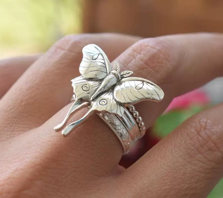 Aoaome Vintage Luna Moth Silver Statement Rings