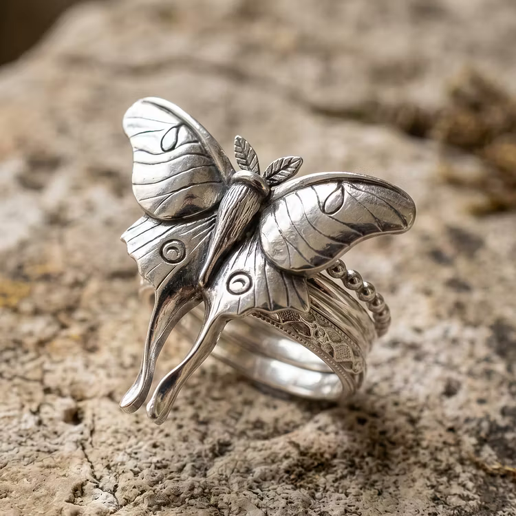 Aoaome Vintage Luna Moth Silver Statement Rings