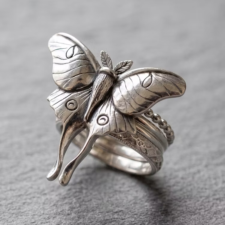 Aoaome Vintage Luna Moth Silver Statement Rings