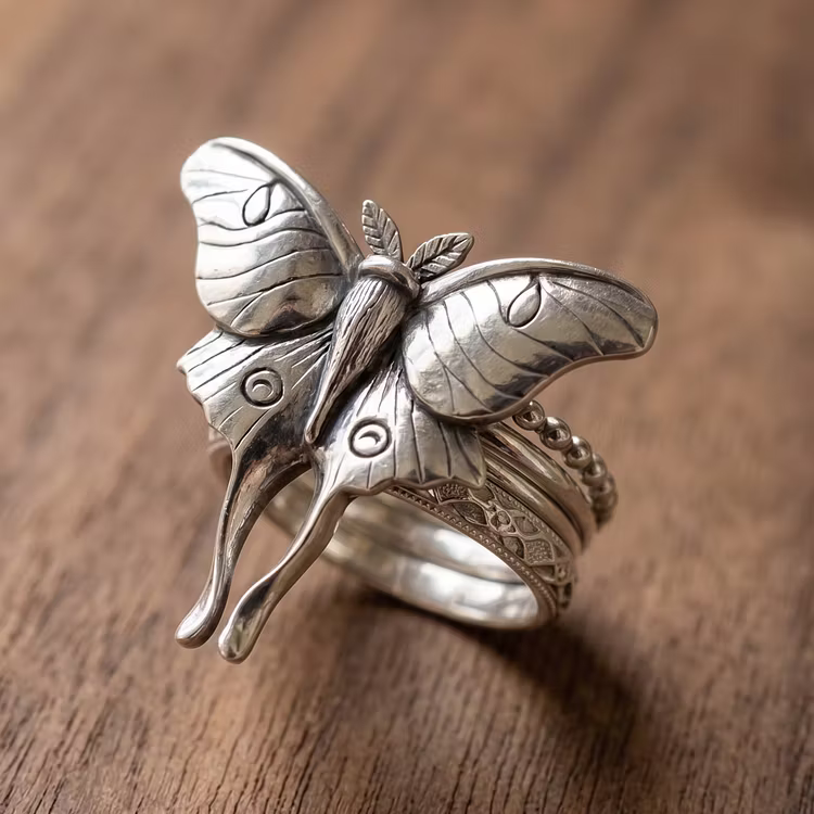 Aoaome Vintage Luna Moth Silver Statement Rings