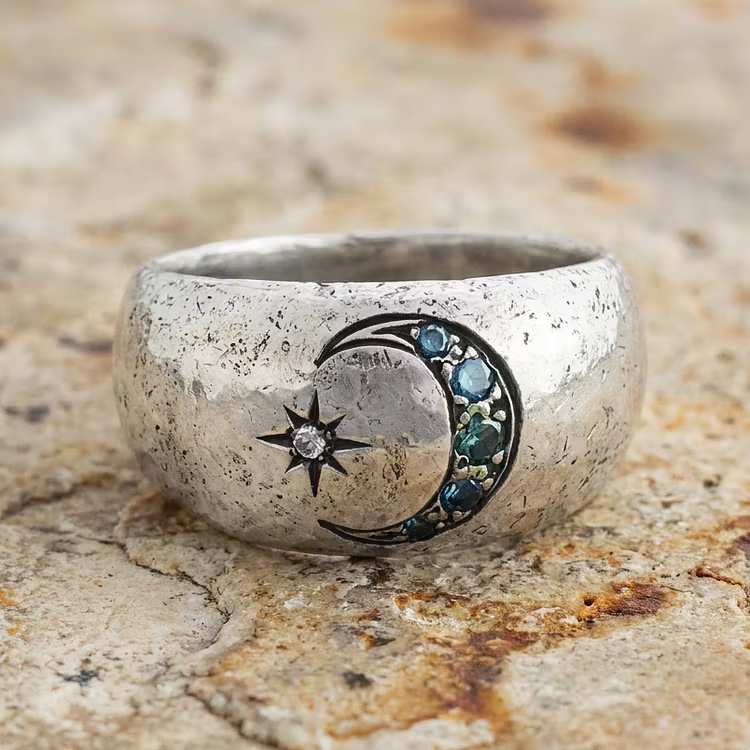 Aoaome Vintage Moon Star Gemstone Silver Wide Band Rings