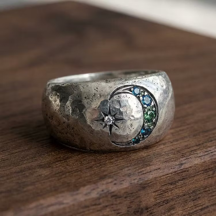 Aoaome Vintage Moon Star Gemstone Silver Wide Band Rings