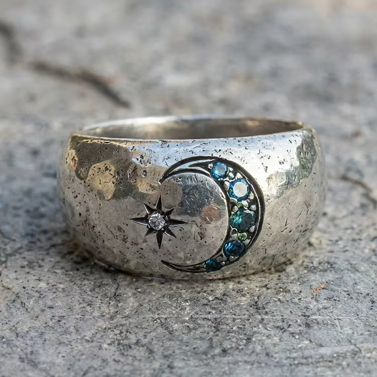 Aoaome Vintage Moon Star Gemstone Silver Wide Band Rings