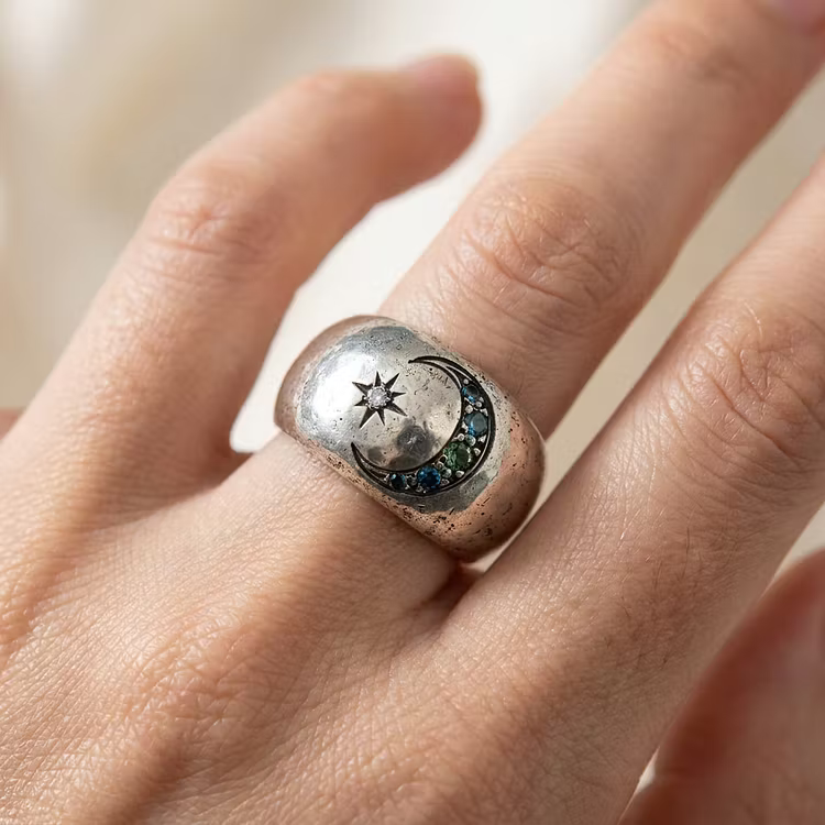 Aoaome Vintage Moon Star Gemstone Silver Wide Band Rings