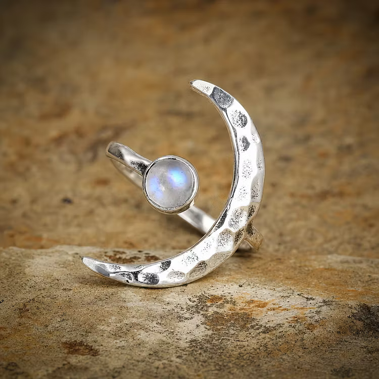 Aoaome Vintage Moonstone Crescent Silver Rings