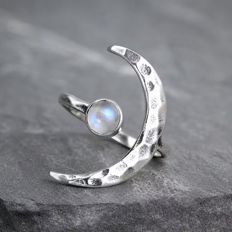 Aoaome Vintage Moonstone Crescent Silver Rings