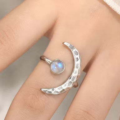 Aoaome Vintage Moonstone Crescent Silver Rings