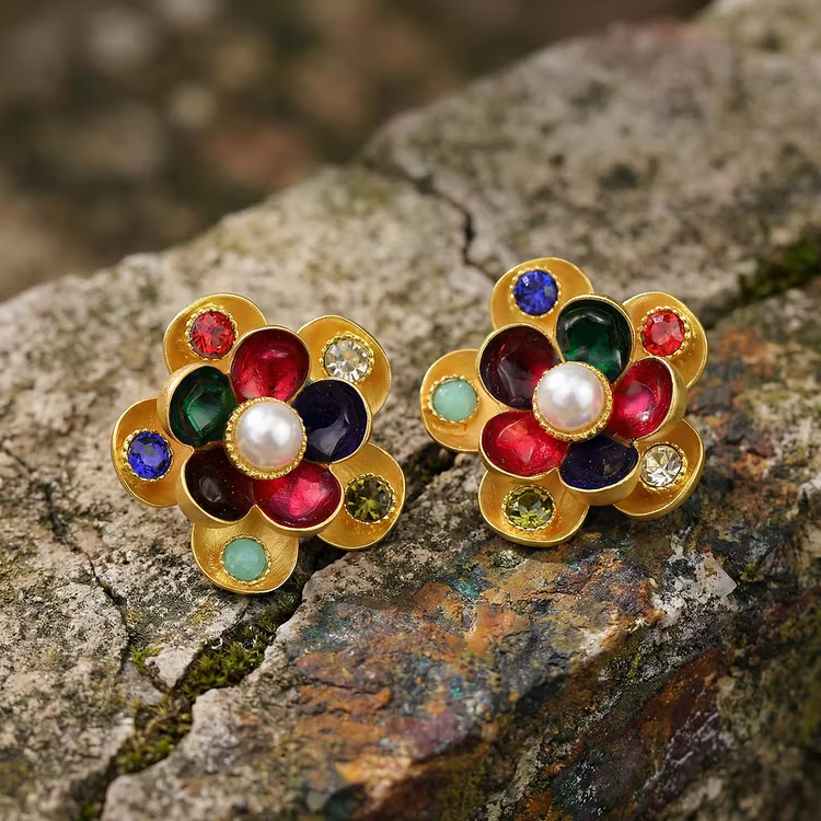 Aoaome Vintage Multicolor Gem Flower Stud Earrings