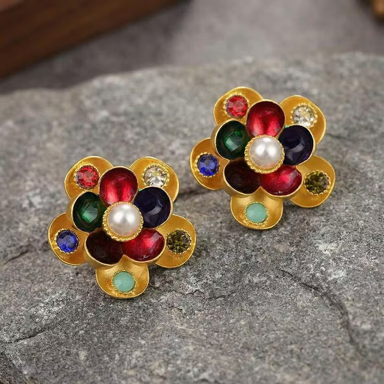 Aoaome Vintage Multicolor Gem Flower Stud Earrings