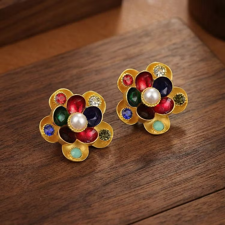 Aoaome Vintage Multicolor Gem Flower Stud Earrings