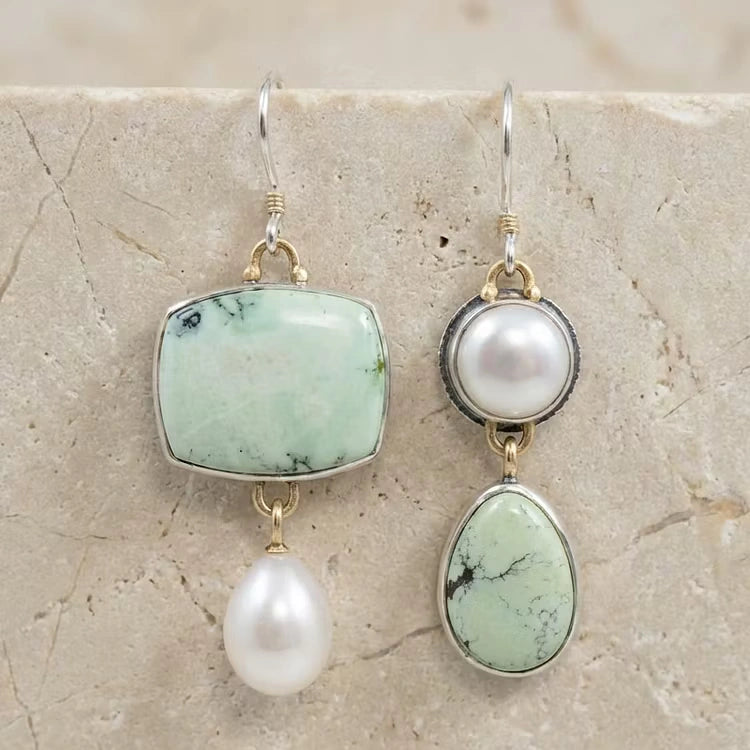 Aoaome Vintage Natural Green Stone Pearl Earrings