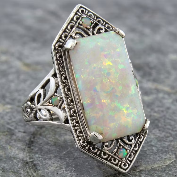 Aoaome Vintage Opal Filigree Silver Rings