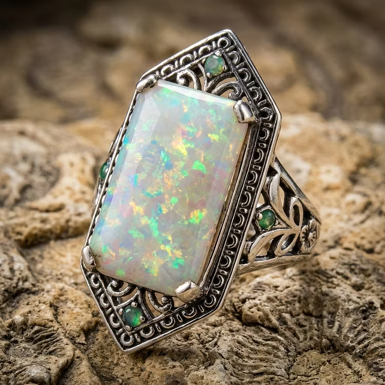 Aoaome Vintage Opal Filigree Silver Rings