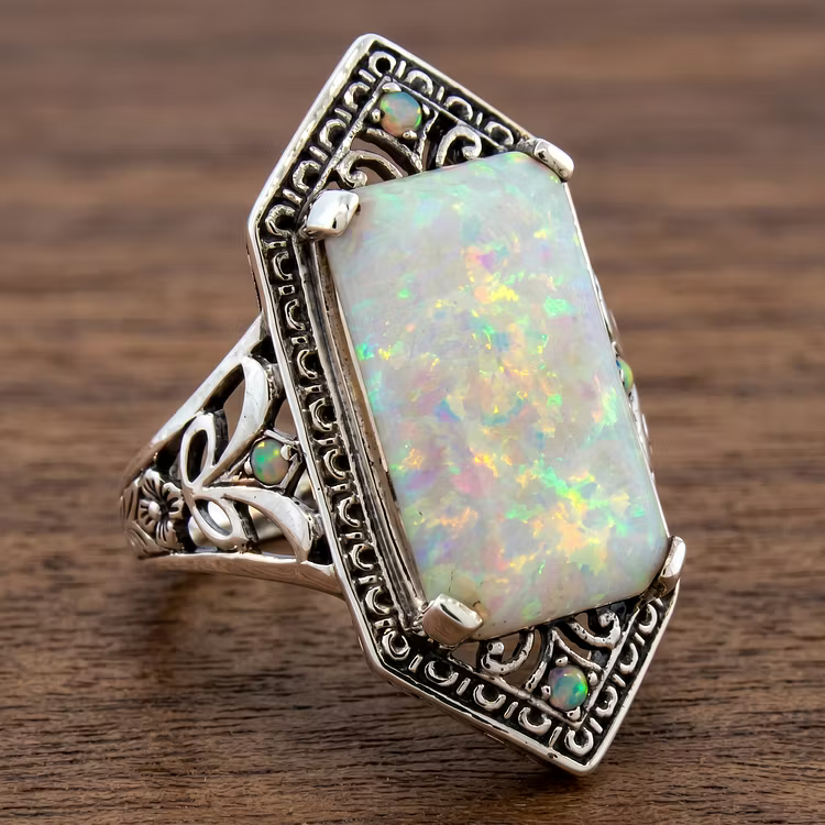 Aoaome Vintage Opal Filigree Silver Rings