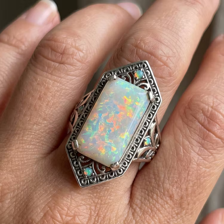 Aoaome Vintage Opal Filigree Silver Rings