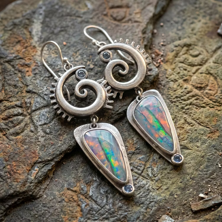 Aoaome Vintage Opal Spiral Silver Earrings