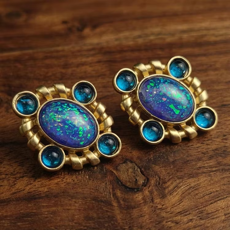 Aoaome Vintage Opal and Blue Glass Cluster Earrings