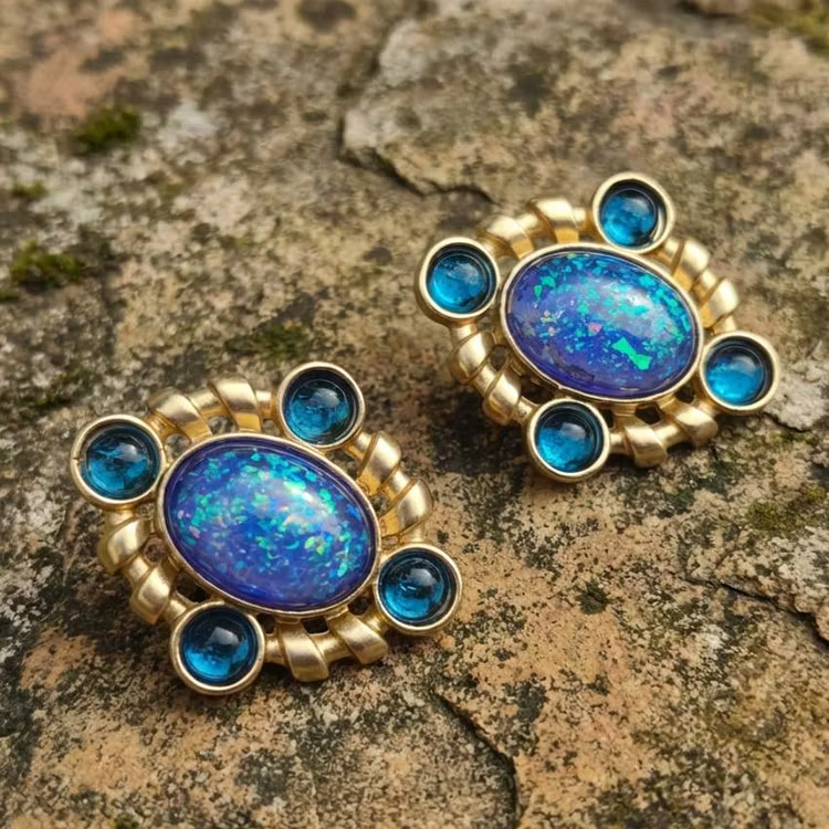 Aoaome Vintage Opal and Blue Glass Cluster Earrings