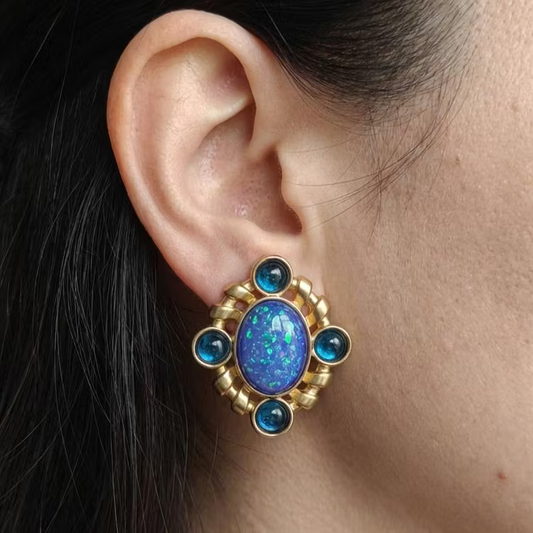 Aoaome Vintage Opal and Blue Glass Cluster Earrings