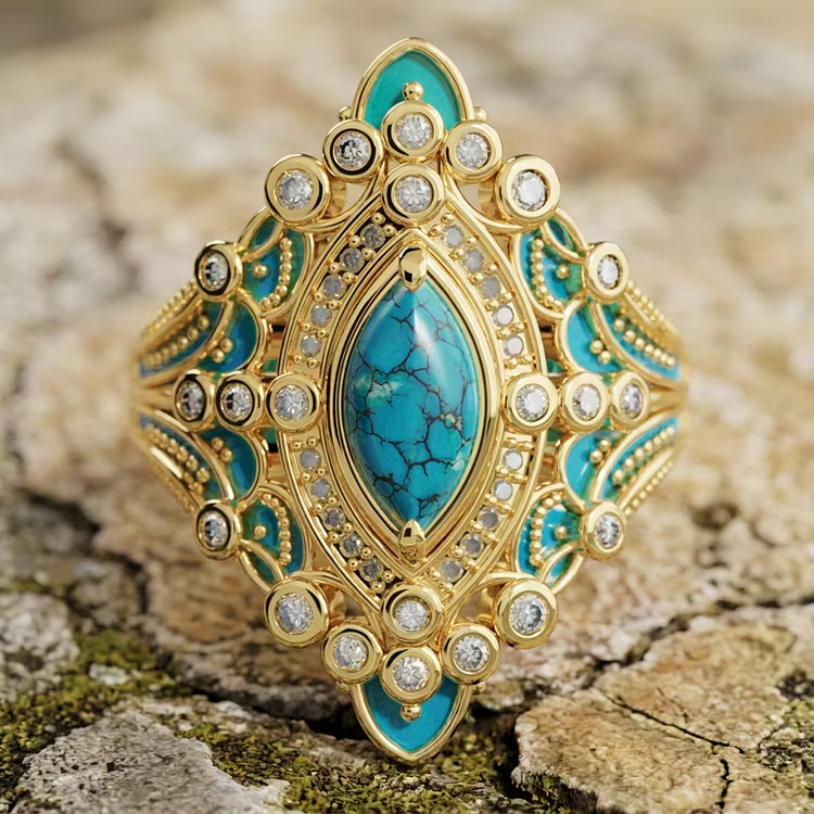 Aoaome Vintage Ornate Turquoise Gold Statement Rings