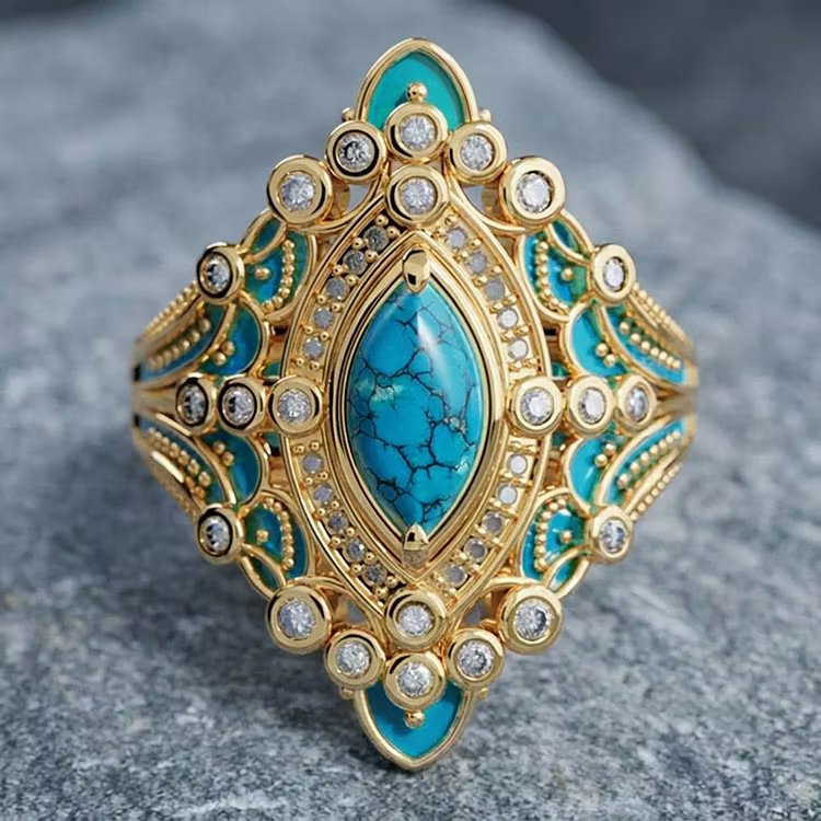Aoaome Vintage Ornate Turquoise Gold Statement Rings