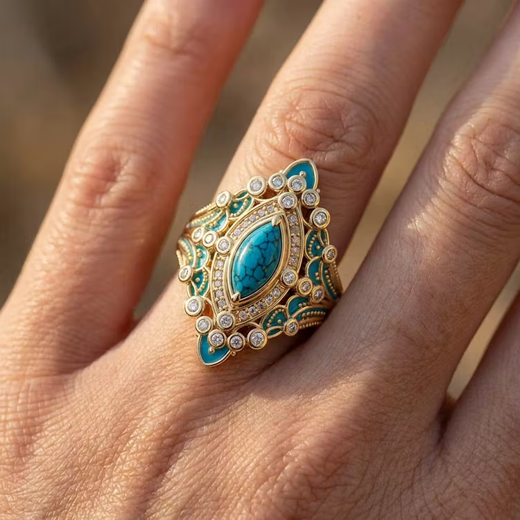 Aoaome Vintage Ornate Turquoise Gold Statement Rings