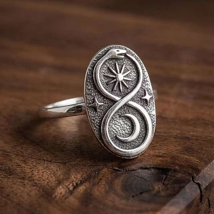 Aoaome Vintage Ouroboros Sun and Moon Silver Rings