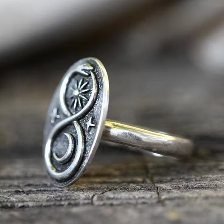 Aoaome Vintage Ouroboros Sun and Moon Silver Rings